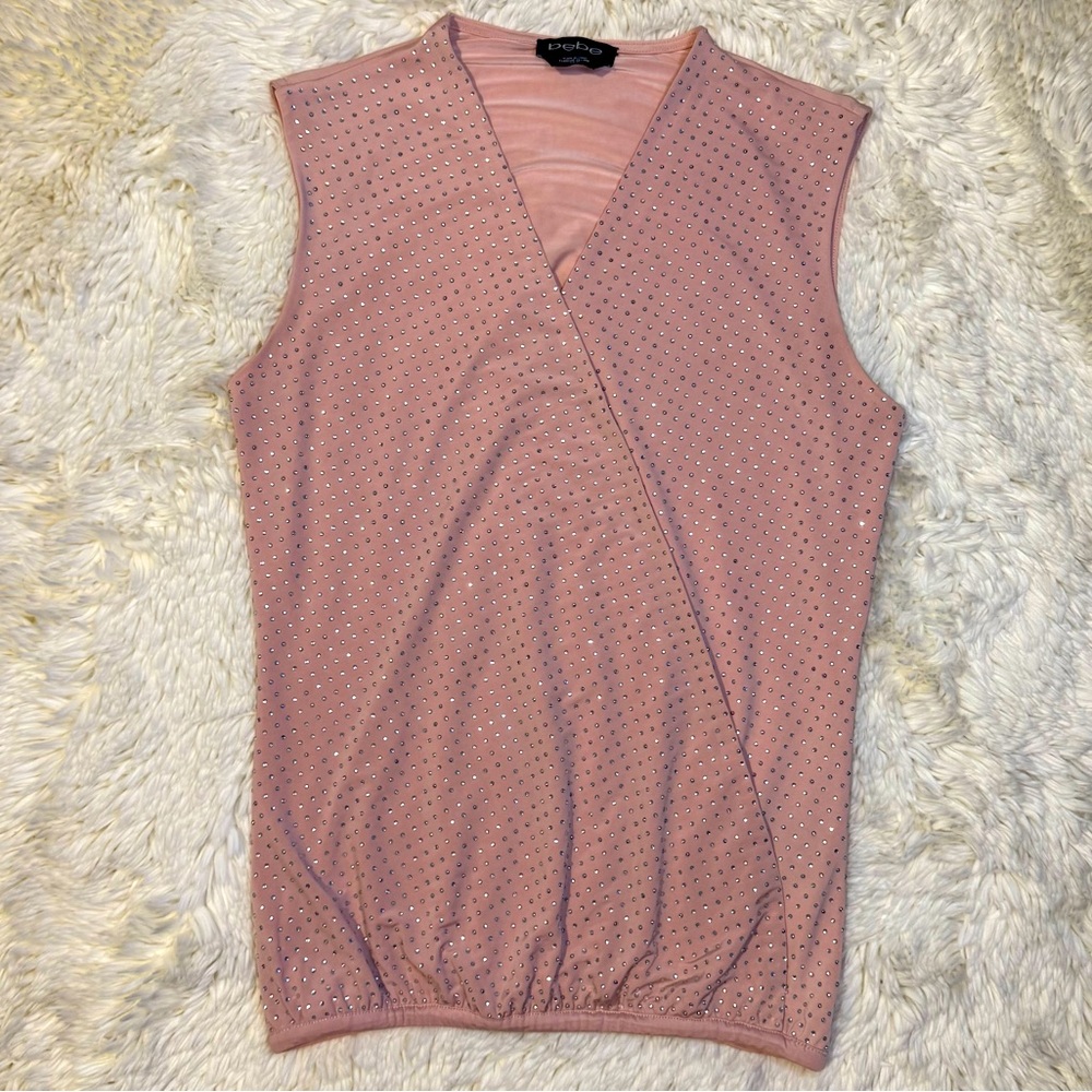 bebe Pink V-Neck Plunge Rhinestone Sleeveless Wrap Top